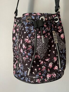 Juicy Couture Floral Bucket Bag Crossbody Black Pink Rose Y2K